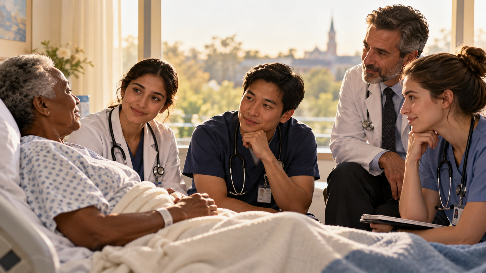 Medical trainees listening attentively to a patient during bedside rounds