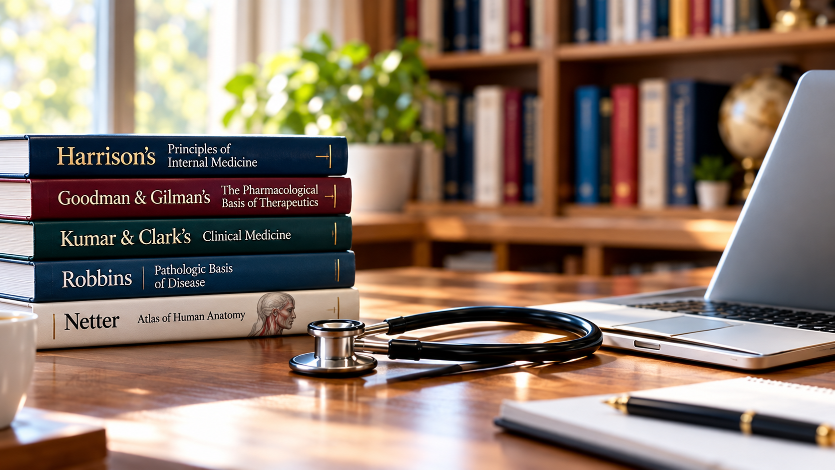 Medical study desk with five textbooks, stethoscope, laptop, and notebook